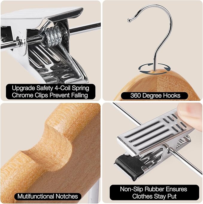 Wooden Hangers with Clips 12 PCS Pants Hangers with Clips,Smooth Solid Wooden Pants Hanger,360 Swivel Hooks & Adjustable Clips,for Jeans,Skirt,Suit,Shorts,Scarf