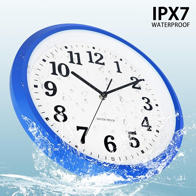 Caysie 12 Inch Sealed Indoor Outdoor Waterproof Wall Clock, Durable Silent Non-Ticking Battery Operated Quality Quartz Round Clock, Wall Decorative for Patio, Pool, Bathroom (Blue)