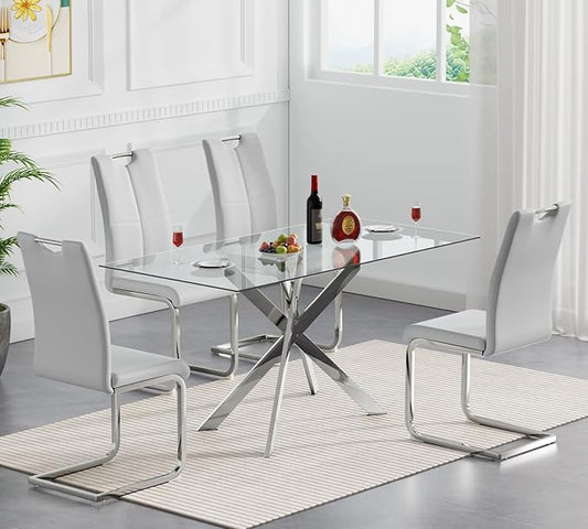 Goujxcy Modern Glass Dining Table Set for 4, Glass Silver Kitchen Table and Chairs Set, 5 Piece Dining Room Table Set with 51" Rectangle Dinner Table and 4 Grey Leather Dining Chairs