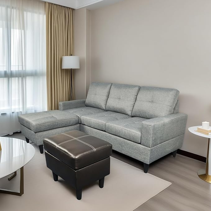 FONTOI L Shaped Sofa with Ottoman, Modern Faux Leather Couch with Chaise, 3 Seat Living Room Sofa Set with Solid Wood, for Home, Apartment, Study Room, Brown Grey