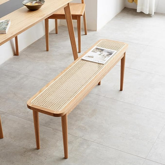 39.4'' Natural Rattan Dining Bench with 100% Solid Oak Wood Bench Frame, Bed End Shoe Ottoman for Kitchen Bedroom Entryway, Natural Oak