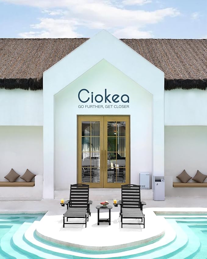 Lounge Chair Outdoor, Oversized Chaise Lounge Chair with 5 Positions, HDPE, Patio Lounge Chair with Wheels & Cup Holder for Pool, Deck, Poolside, Black