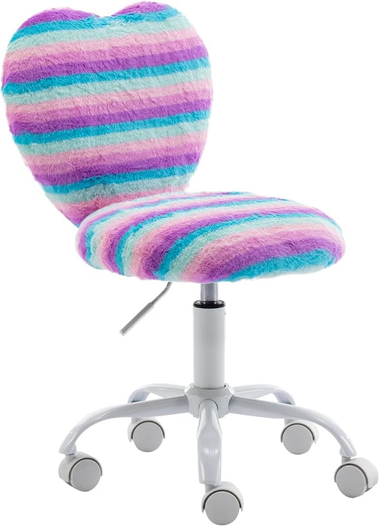 Small Desk Chair Swivel Kids Office Chair Fuzzy Student Computer Task Chair Faux Fur Vanity Chair Cute Heart Chair for Girls Boys Bedroom, Rainbow