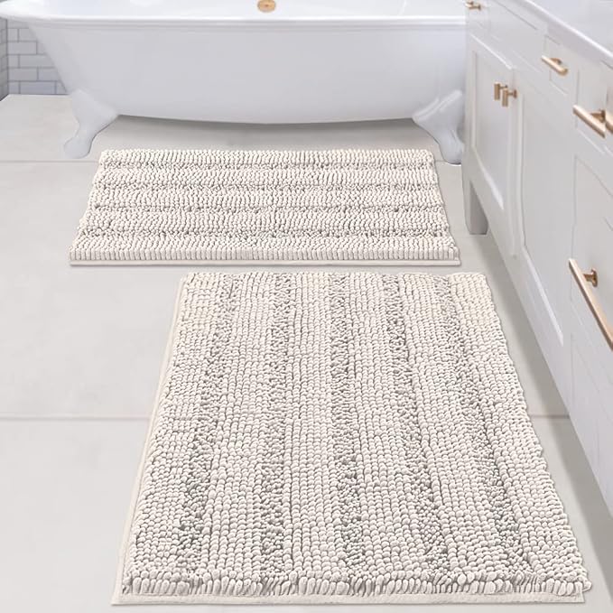 H.VERSAILTEX 2 Piece Bathroom Set - Super Absorbent Chenille Striped Bath Mats, Non Skid, Machine Washable (Ivory, 24 x 36 Plus 20 x 32 - Inches)