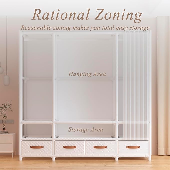 Portable Closet,Portable Closets for Hanging Clothes,Japanese Style Garment Rack Clothing Rack with 2 Drawers,1 Hanging Rods and 2 Storage Shelves,27.5" L x 17.7" W x 65.1" H,White