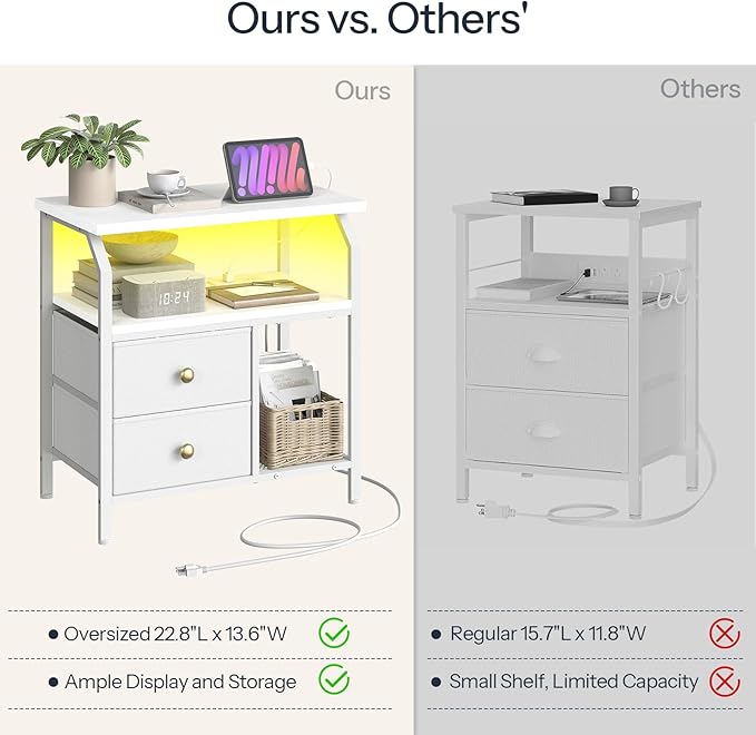 HOOBRO 23 inch Wide Nightstand with Charging Station and LED Light, Night Stand with 2 Fabric Drawers, Bedside Table, Dresser with Open Storage Shelf, End Side Table for Bedroom, White WT160UDBZ01