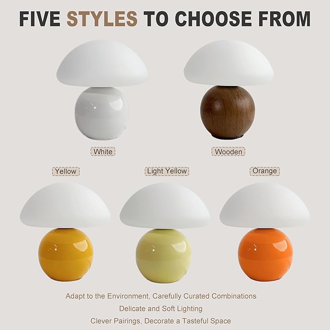 Mushroom Lamp Ceramic Base,WoodColour Cute 70s Mid Century Modern Decor Lamp for Bedroom,Small Abstract Table Bedside Glass Mood Coze Fun Warm Light