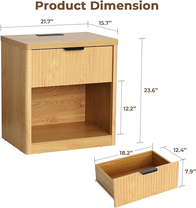 HOMMPA 22'' Fluted Nightstand with Charging Station, Modern Bedside Table w/Storage, End Table w/Drawer & Open Compartment, Wooden Bedside End Table for Bedroom, Living Room, Curved Profile Design