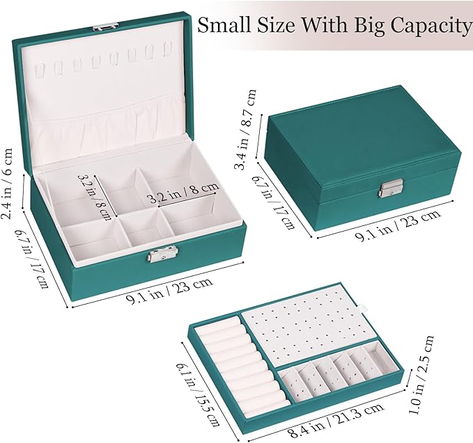 Jewelry Box for Women Girls, 2 Layers Jewelry Organizer Container with Lock, PU Leather Storage Case with Removable Tray, Jewelry Display Box for Necklaces Earrings Bracelets Rings Watches (Green)