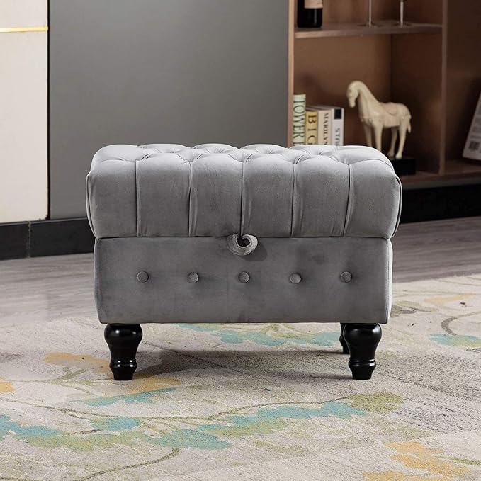 Artechworks Rectangular Storage Coffee Table Ottoman,Button Tufted Upholstery Footstool Bedroom Ottoman for Living Room, Home Office, Space-Saving Storage Toy Box Stool, Grey