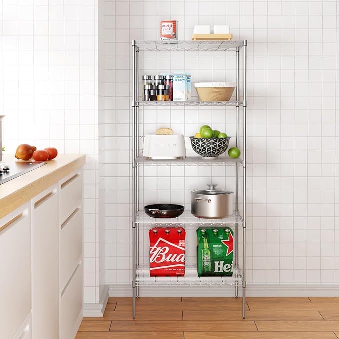 5 Tier Layer Rack Metal Shelf Commercial Storage Shelves for Storage Heavy Duty Metal Storage Shelves Durable and Versatile Storage Solution for Restaurant Garage Pantry Bathroom Office Kitchen