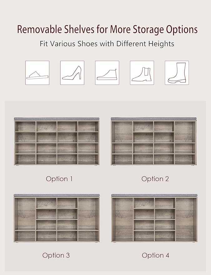 DINZI LVJ Shoe Storage Bench with Cushion, 16-Cubby Shoe Rack, Adjustable Shelves, Multifunctional Shoe Organizer Bench for Entryway, Mudroom, Hallway, Living Room, Bedroom and Garage, Greige