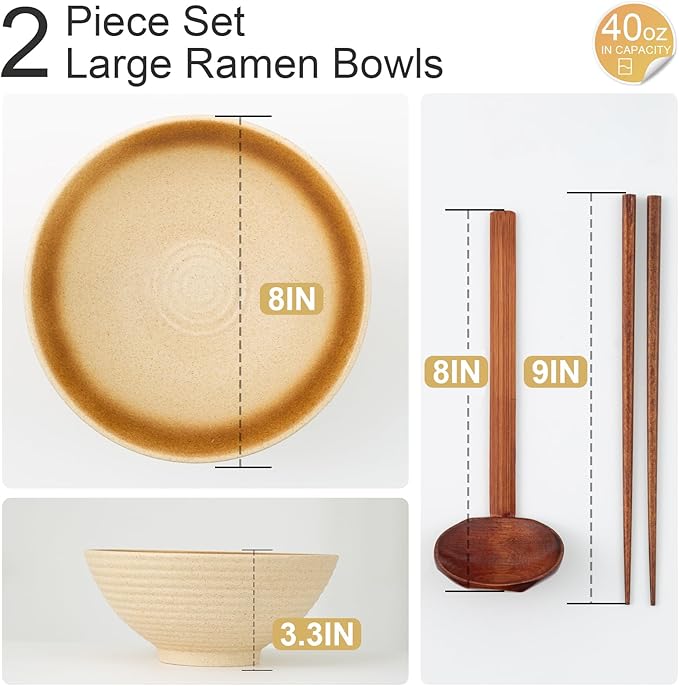 8 Inch Ceramic Ramen Bowl Set of 2, 40oz Japanese Bowls with Spoons & Chopsticks,Durable,Microwave & Dishwasher Safe,Perfect for Ramen,Pho,Salad,Soup,Noodles，Mixing bowls（Amber）