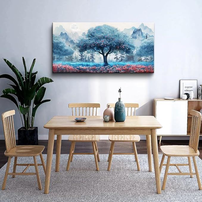 MHARTK66 Blue Tree Landscape Wall Paintings Large Wall Art For Bedroom Canvas Wall Decor For Living Room Office Decorations Farmhouse Pictures Artwork Ready To Hang Posters Home Decor 60"X30"