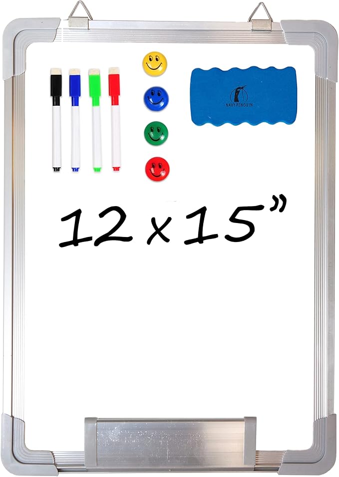 Whiteboard Set - 12 x 15 in Dry Erase Board with 1 Magnetic Dry Eraser, 4 Dry Wipe Markers and 4 Magnets - Small White Board Wall Hanging Marker Board for Home Office School (12x15)