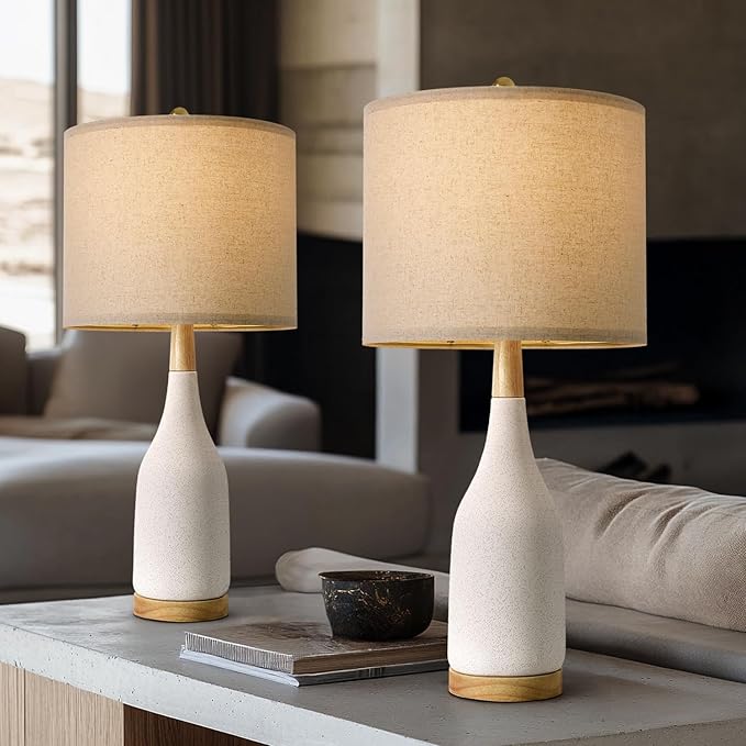 PORTRES 27" Ceramic Table Lamps for Bedroom Living Room Vintage Lamp Set of 2 Bedside Nightstand Lamp Large Farmhouse Rustic Boho Retro Modern Table Lamp Light Home Office Desk Deco Gifts, White