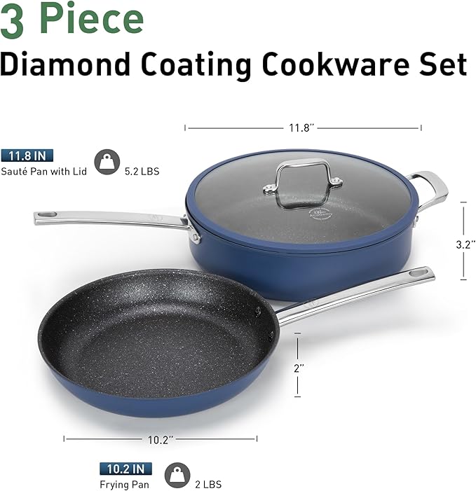 Kitchen Academy Induction Plasma Titanium Nonstick Wok Set 3 Piece, 10" Frying Pan and 11.8"/6QT Deep Frying Pan/Saute/Skillet With Lid, PFOA & PFAS-Free, Oven Safe