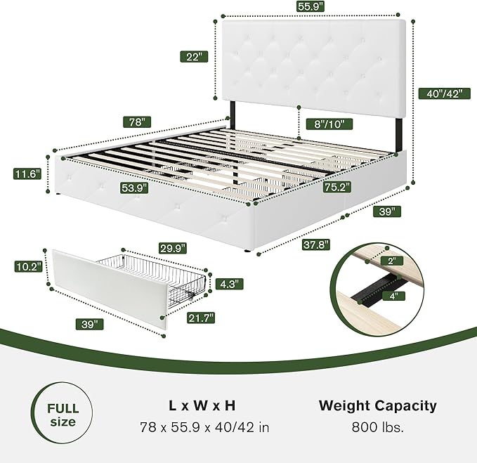 MUTICOR Full Size Bed Frame with 4 Storage Drawers, Upholstered Platform Bed with Button Tufted Adjustable Headboard, No Box Spring Needed, Easy Assembly, Diamond Tufted, White Leather