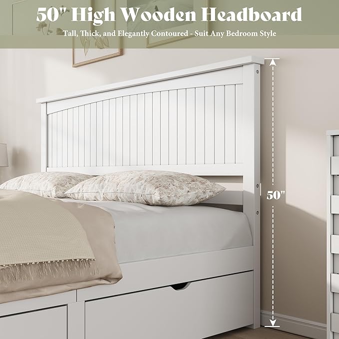 AMERLIFE Full Size Solid Wood Bed Frame with 50" Tall Headboard, Mid-Century Modern Bed with Storage Drawers, Wooden Platform Bed with 2 Drawers, No Box Spring Needed, White