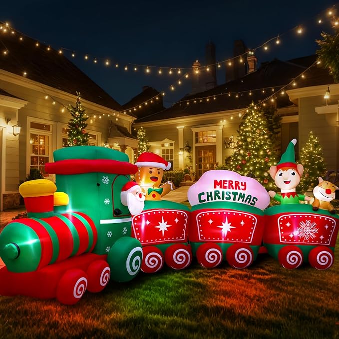 12FT Christmas Inflatables Train Decoration with Santa, Gingerbread Man, Reindeer, Lighted Blow Up Xmas Yard Decor with LED Lights, Holiday Outdoor Lawn Decorations for Garden, Party, Home
