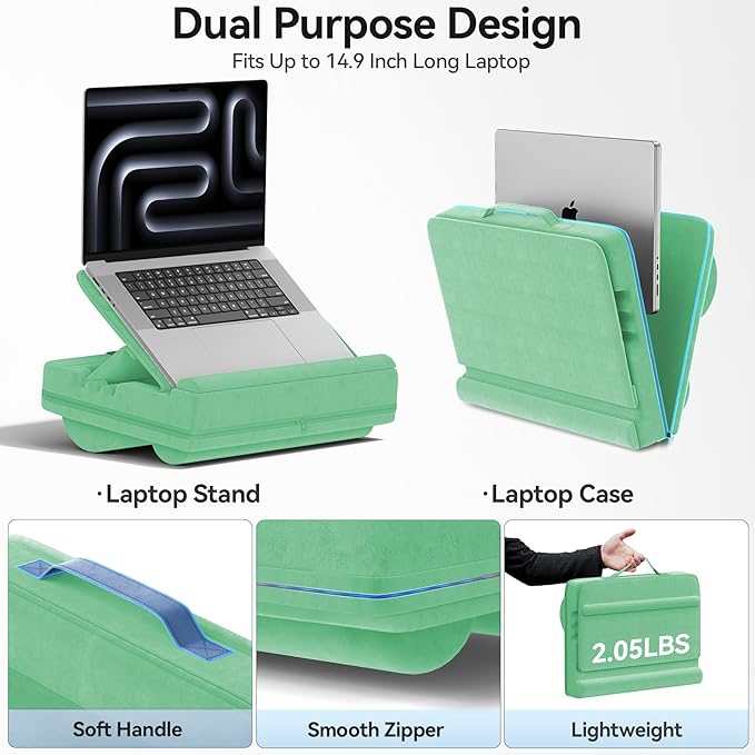 Laptop Lap Desk with Cushion, Adjustable Lap Desk Pillow with Storage, Portable Lap Table for Adults Student, Laptop Stand for Bed Office College Dorm Home Room Couch, Fit Up to 14.9" PC Tablet, Green