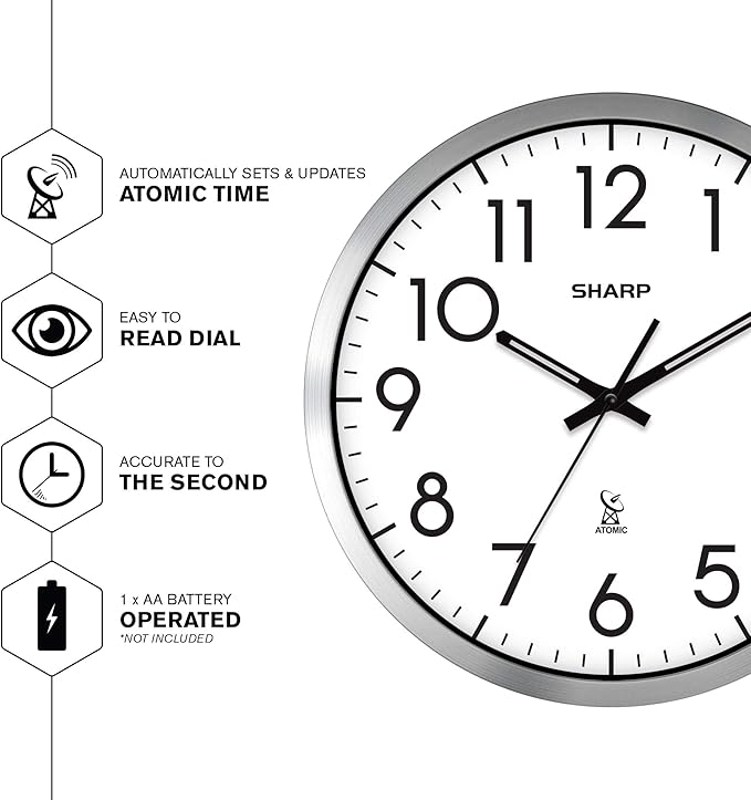 Sharp Atomic Analog Wall Clock - 12" Silver Brushed Finish - Sets Automatically- Battery Operated - Easy to Read - Easy to Use– Modern Design and Style