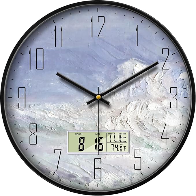 Digital Wall Clock Battery Operated with Day and Date Temperature Blue White Wave Calendar Clock with Large Display Silent for Room Bathroom Bedroom Living Room Farmhouse Decor 14 Inch