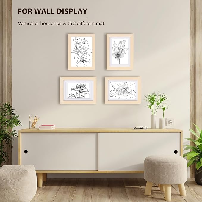 KINLINK 5x7 Picture Frame White Oak, Solid Light Wood Frames with Acrylic Plexiglass for 3.5x5/4x6 with Mat or 5x7 without Mat, Tabletop and Wall Display Photo Frame, Set of 4