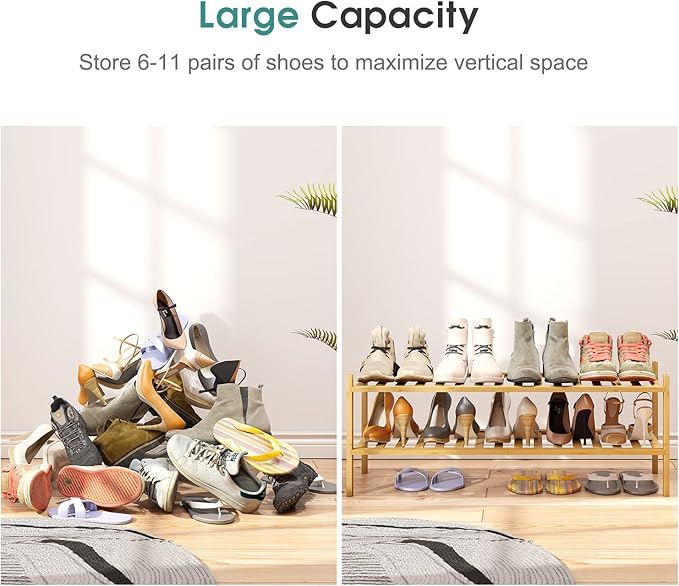 2-Tier Long Shoe Rack for Entryway, Black Bamboo Wood Shoe Rack for Closet & Hallway, Long 33IN | Beautiful | Functional | Sturdy | Durable