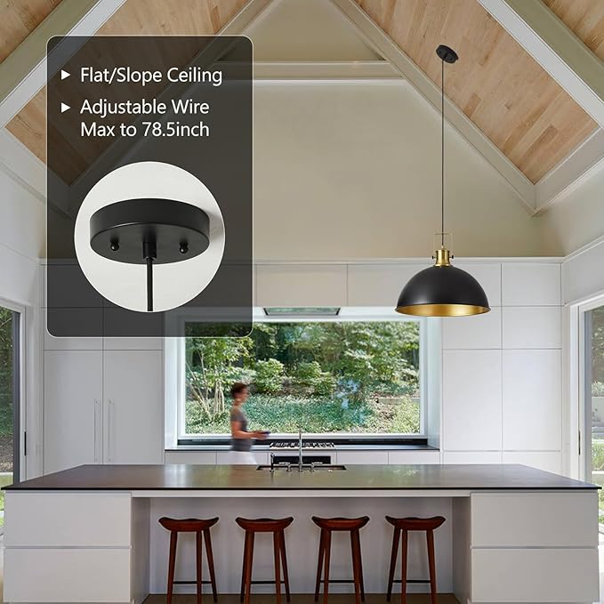 12 Inch Black Farmhouse Pendant Lights for Kitchen Island Industrial Haning Lamp Adjustable Height Vintage Dome Hanging Light Fixtures for Barn, Dining Room