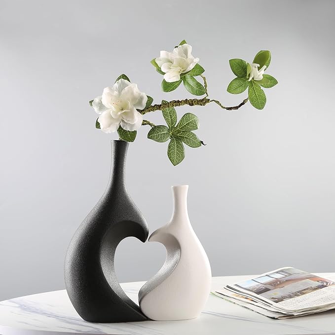 Black Ceramic Vase Set of 2, Heart Shaped vase, Matte Frosted Texture Finish,Farmhouse Decor, Home Decor, Decorative Vase, Vases for Your Bedroom, Office, Living Room, Bathroom (Black)