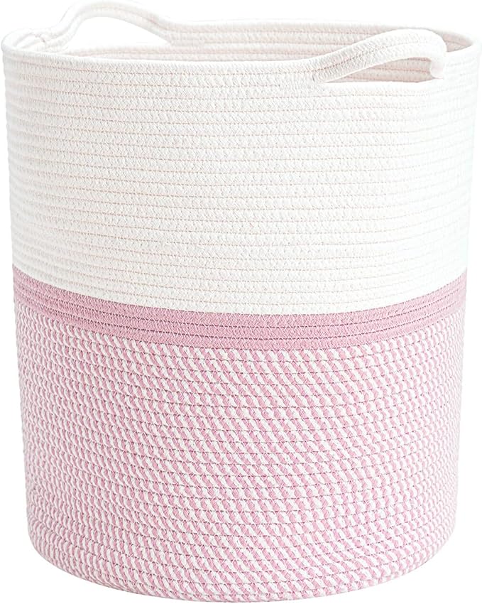 INDRESSME Cotton Basket 17¾ x 15¾ x 13¾ inches Woven Hamper Pink Girl Basket for Gift Toy Blanket Corner Baskets in living Room
