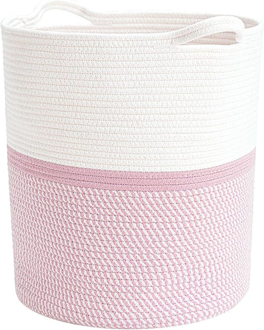 INDRESSME Cotton Basket 17¾ x 15¾ x 13¾ inches Woven Hamper Pink Girl Basket for Gift Toy Blanket Corner Baskets in living Room