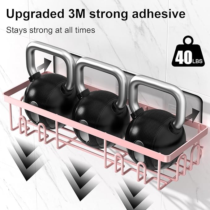 2025 New Adhesive Shower Caddy, Shower Shelves with 16 Hooks, Pink 2 Pack