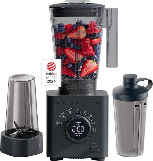 Chefman Obliterator 48 oz Countertop Blender for Smoothies, 1380W Motor to Crush Ice, Nuts, and Frozen Fruit with Stainless Steel Blade, Blender Pack Includes Two 20 oz. Travel Jars - Midnight