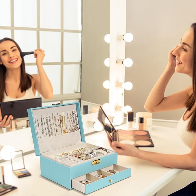 2-Layer Jewelry Box for Women, Jewelry Organizers and Storage with Removable Jewelry Tray, Vintage Quilted Top Lockable Jewelry Holder Gift Idea Sky Blue