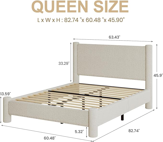 Queen Size Bed Frame, Boucle Upholstered Platform Bed with Headboard and Footboard, Soft Rounded Corners, No Box Spring Required, Easy Assembly, Cream