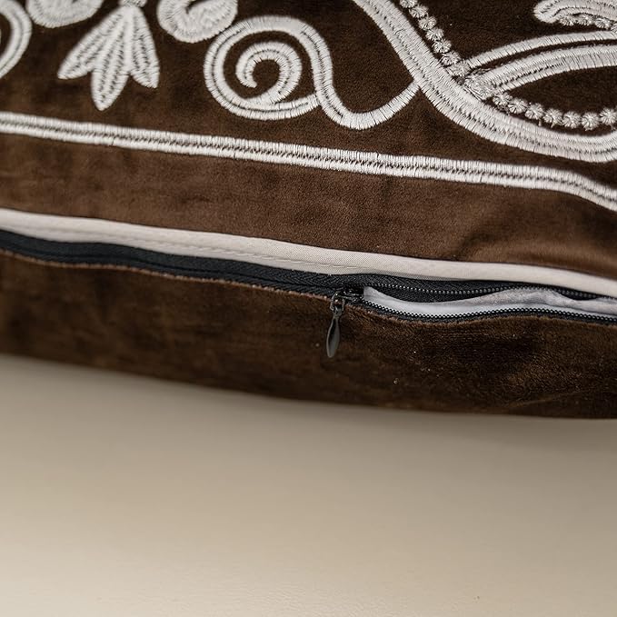 Aeckself European Floral Pillow Cover 18x18 Inch, Luxury Velvet Embroidered Decorative Throw Pillow Cover for Couch Bedroom Living Room, Brown and White