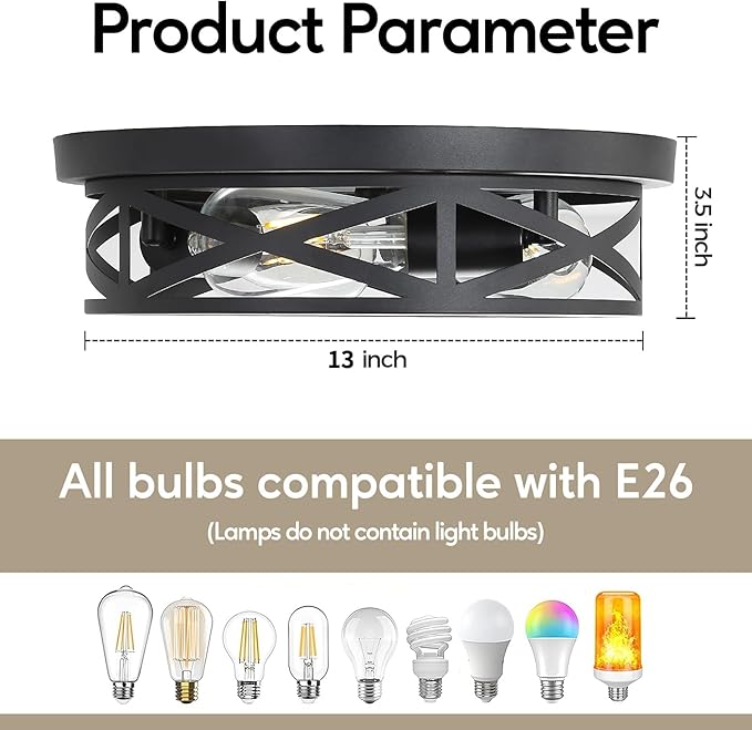 Farmhouse Cage Ceiling Light Fixtures, 3-Light Indoor Close to Ceiling Lights, 13 Inch Round Vintage Metal Flush Mount Ceiling Lights for Bedroom, Living Room, Porch Kitchen Entrance, Black