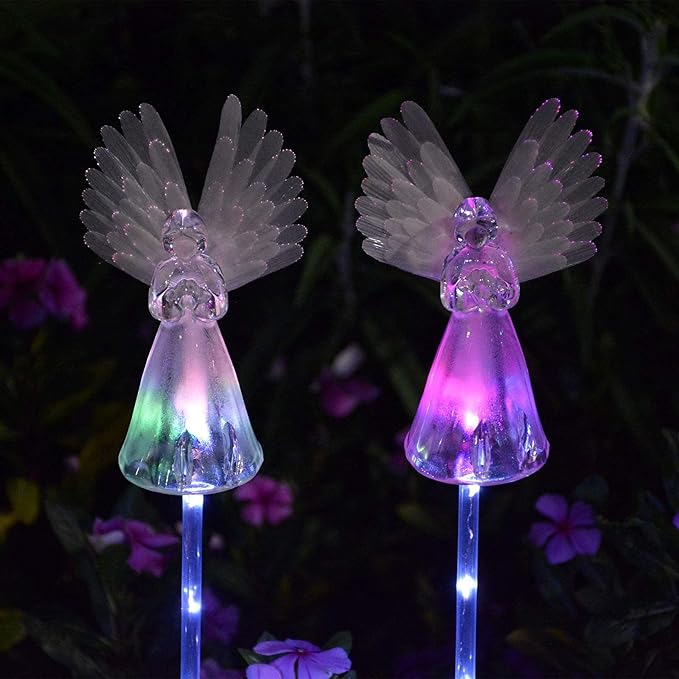 2 Pack Outdoor Solar Angel Statues for Christmas Garden Cemetery Decorative Light, Stakes Multi-Color Changing LED Waterproof Lawn Decor for Patio Cemetery Grave Gravesites, Memorial Gift