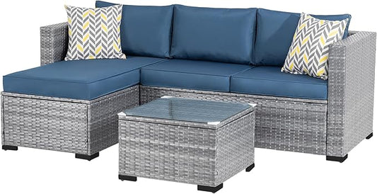 Shintenchi Patio Furniture Sets 3 Pieces Outdoor Sectional Sofa Silver All-Weather Rattan Wicker Sofa Small Patio Conversation Couch with Washable Cushion and Glass Table(Aegean Blue)