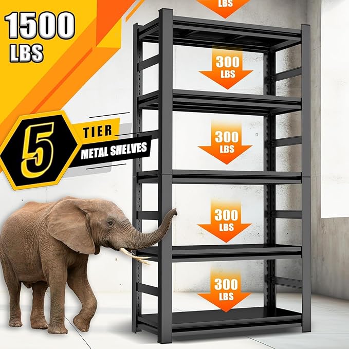 Garage Shelving - 5 Tier Adjustable Storage Shelves, Heavy Duty Metal Storage Utility Rack Shelf Unit for Warehouse Pantry Closet Kitchen, Black, 32" W X 16" D X 63" H