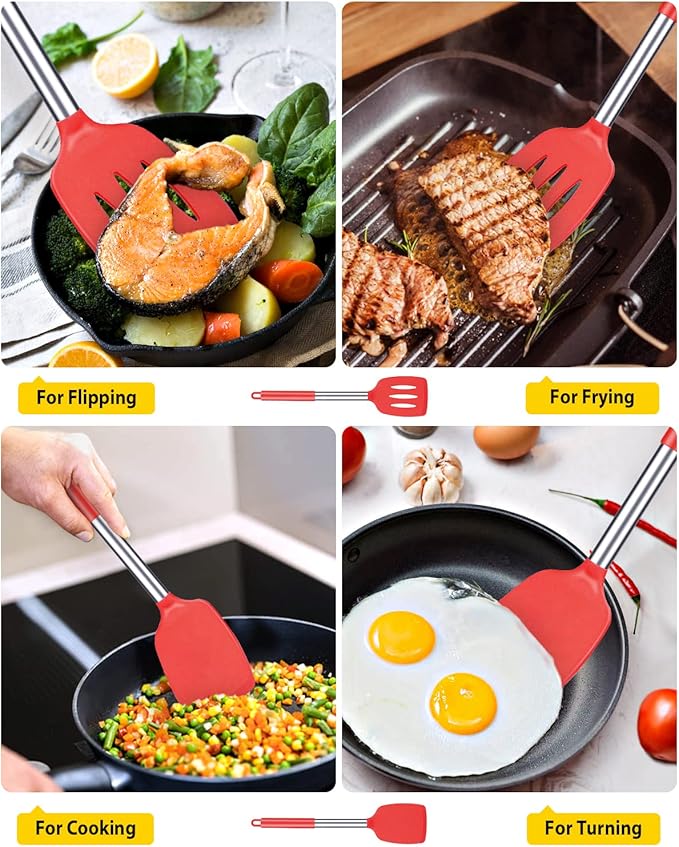 Pack of 2 Silicone Solid Turner, Non Stick Slotted Kitchen Spatulas, High Heat Resistant BPA Free Cooking Utensils, Ideal Cookware for Fish, Eggs, Pancakes(Red)