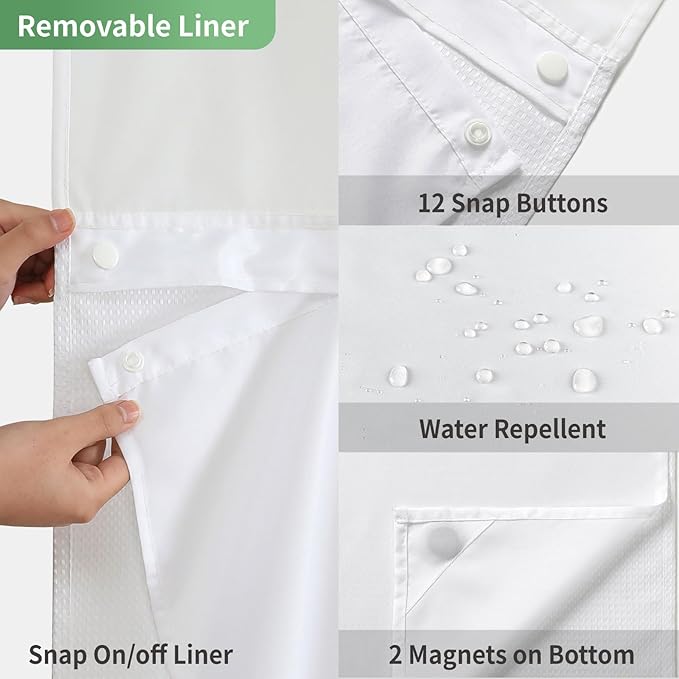 Long No Hook Shower Curtain with Snap-in Fabric Liner Set,White Waffle Weave Shower Curtains for Bathroom,Hotel Luxury Decor Bathroom Curtain Set,Waterproof & Washable,71Wx80H