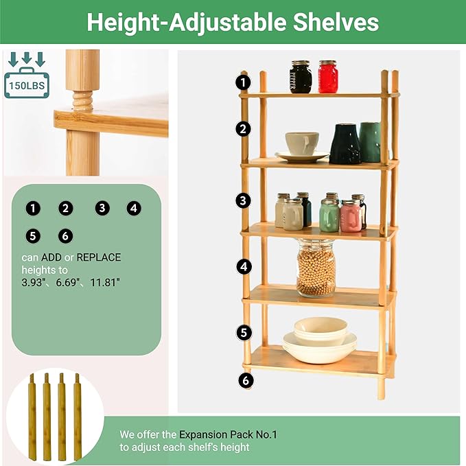 Bamboo Rack | Tool-Free Expandable (2-6 Tiers) | Kitchen Spice Organizer & Office Breakroom Snack/Cup Storage (Natural Bamboo)(Powered by Gogogo) (Natural, 15.6" W(2 Tier))