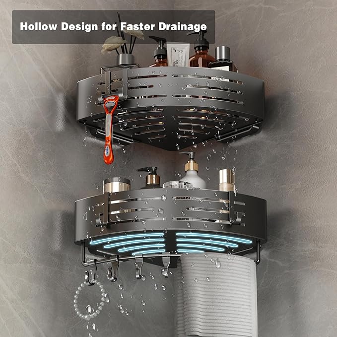 Voldra Corner Shower Caddy Suction Cup, 1 Pack Corner Shower Shelves No Drilling, Aluminum Upgrade Suction Cup Shower Organizer Corner with Towel Bar & Hooks Removable Bathroom Storage Rack(Gray)