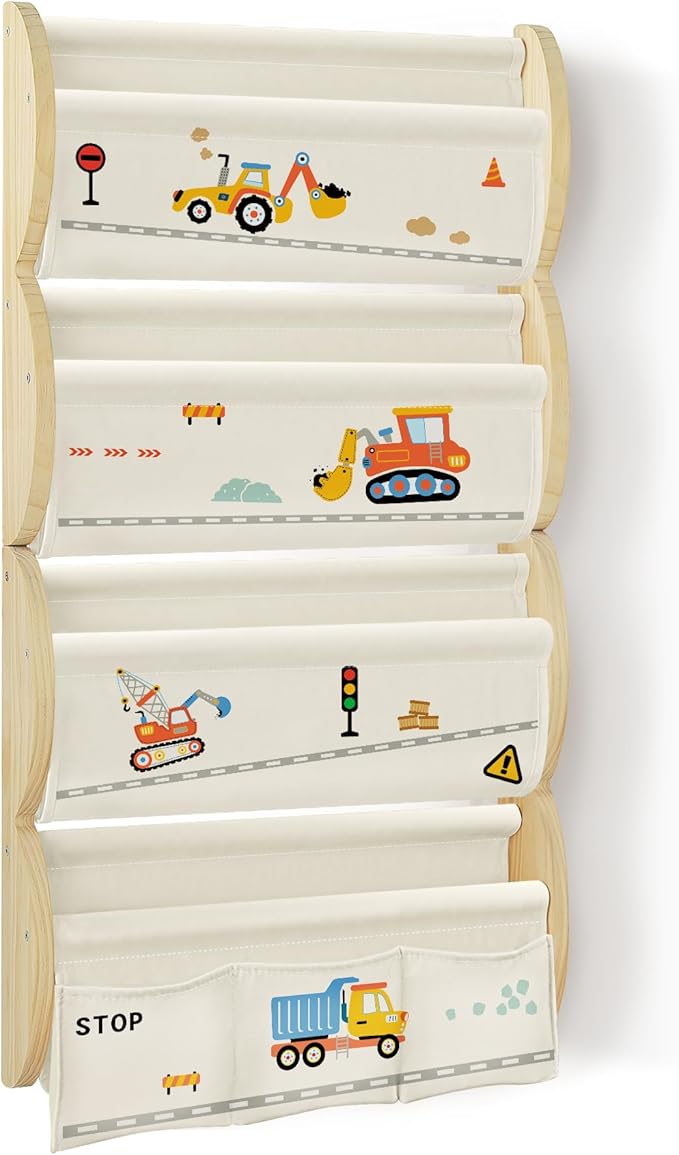 Wooden Wall Mounted Bookshelf for Kids Rooms, 4 Tier Floating Nursery Book Shelf, Kids Bookshelf with 2 Pockets, Toddler Sling Book Rack with Deep Sleeves (Excavator)