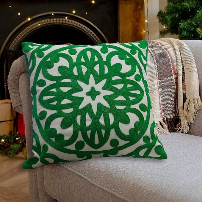 Alysheer Embroidered Decorative Throw Pillow Cover 18x18 inch, 100% Cotton Canvas Cozy Warm Knit Pattern Cushion Case for Sofa Couch Living Room Office Holiday Decor Gifts (Happy Christmas Tree Green)