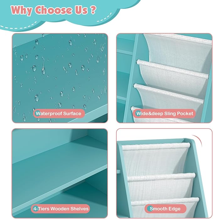 4 Tier Kids Bookshelf Wooden, Five Layer Sling Children Bookcase, Baby Toddler Storage Book Rack, Book and Toy Organizer Cabinet Chest, Book Display Shelf Stand, Playroom Nursery Classroom Library