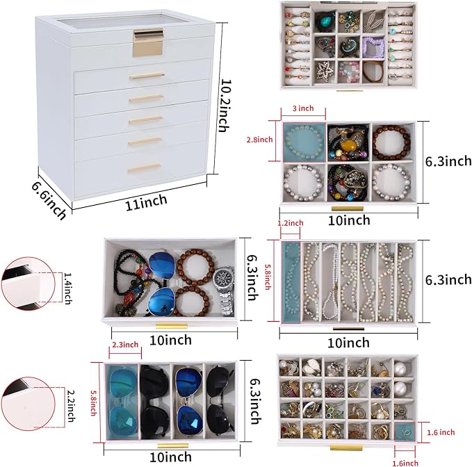 BOOVO Jewelry Box for Women, Black 6 Layer Large Jewelry Organizer with Glass Lid for Necklace, Bracelet, Earrings, Rings Storage, Jewelry Organizers and Storage for Womens Gift (Clear White, 6 layer)